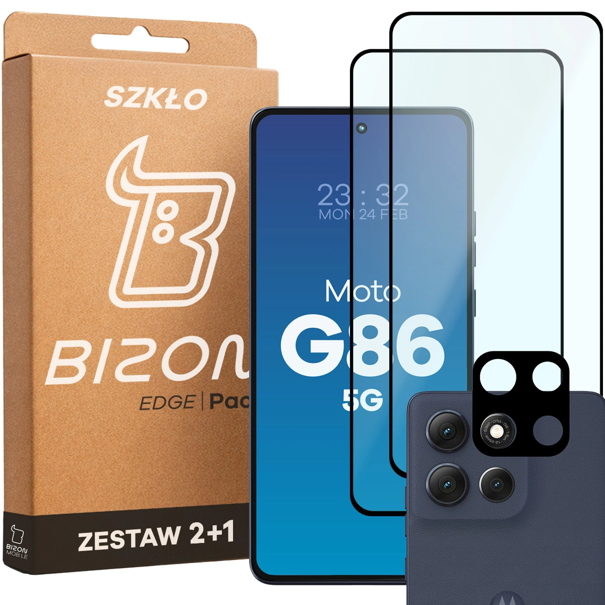 Pudełko i zestaw szkieł do Motorola Moto G86 5G: 2x szkło hartowane i lens