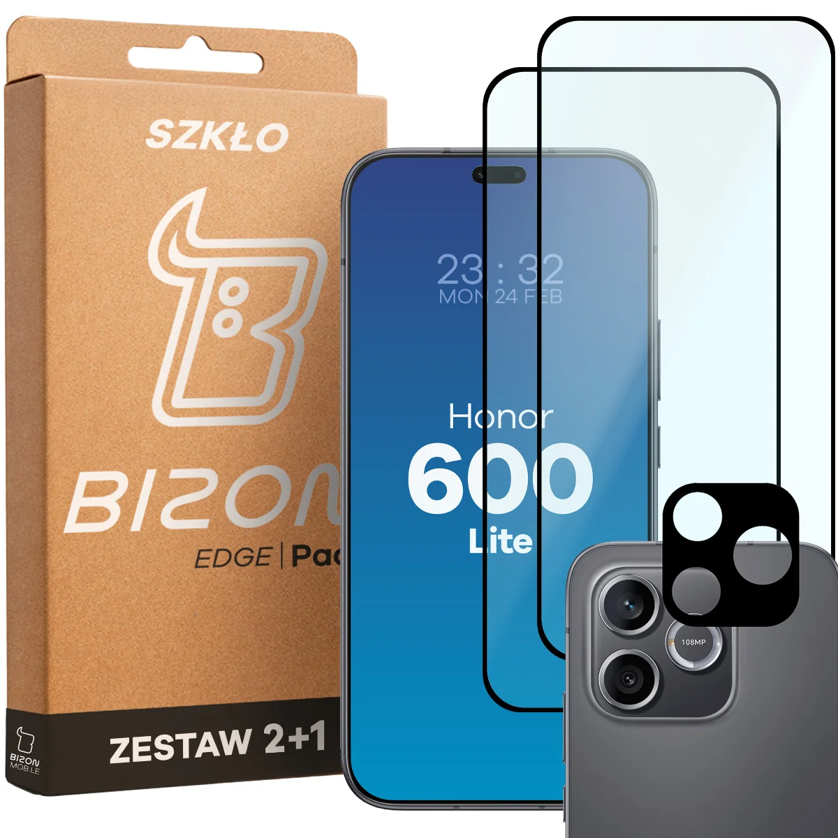 Pudełko i zestaw szkieł do Honor 600 Lite 5G: 2x szkło hartowane i lens