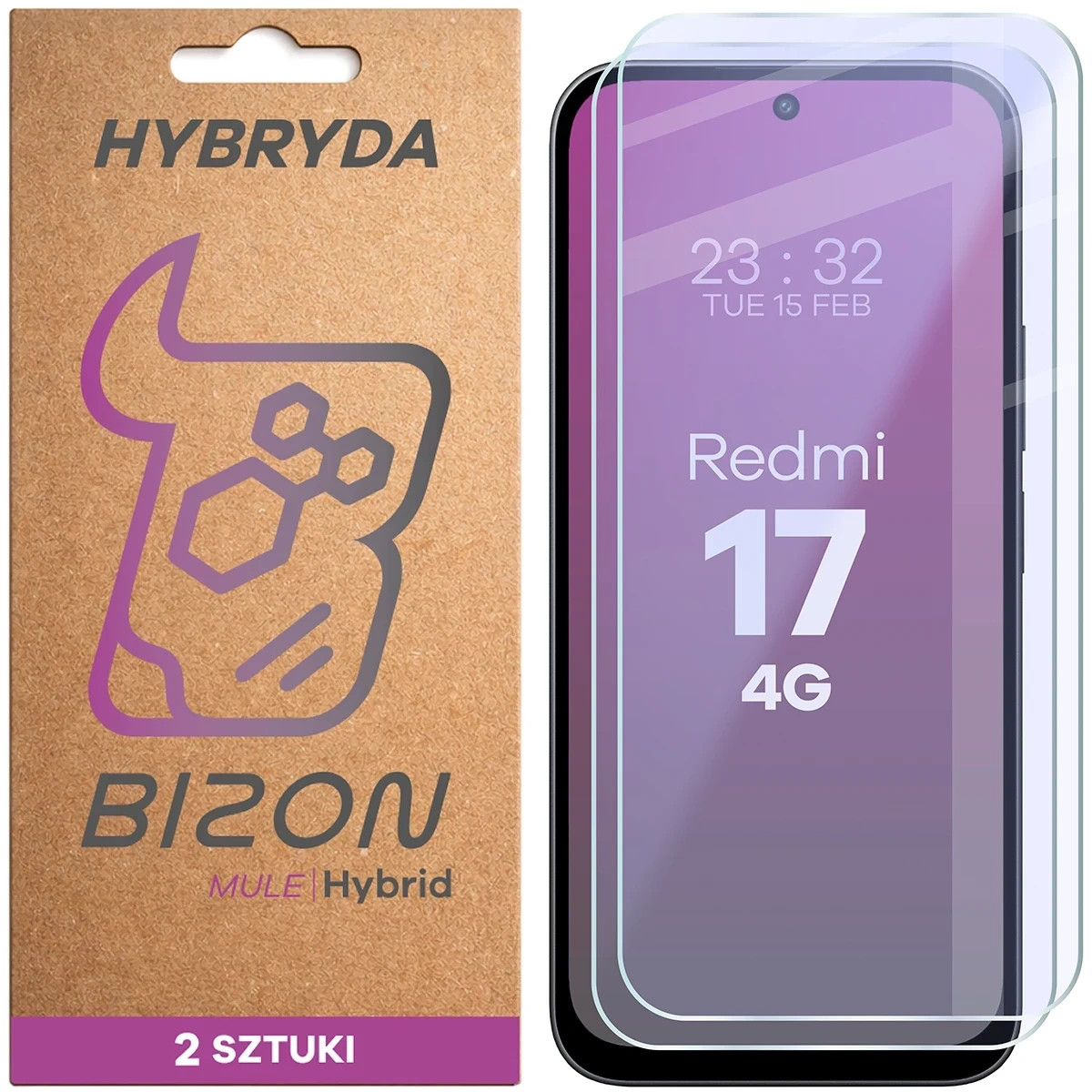 Set 2 folii sticla hibrid Bizon Hybrid Mule compatibile cu Xiaomi Redmi 17 4G, Transparent