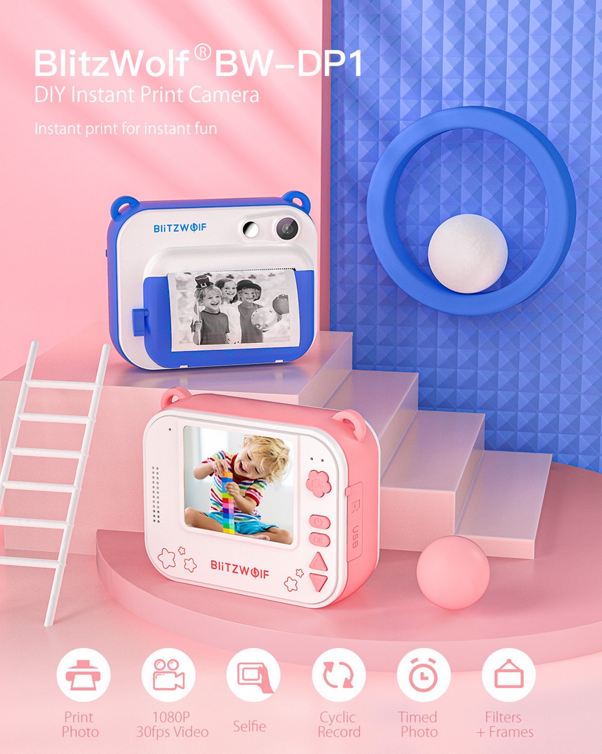 Camera foto instant BlitzWolf BW-DP1 Pink pentru copii, Acumulator 1000 mAh, Memorie 32 GB, Roz 1 Lerato.ro