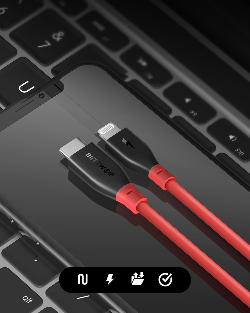 Cablu pentru incarcare si transfer de date BlitzWolf BW-CL1, USB Type-C/Lightning, Power Delivery 3.0, 3A, 90cm, Rosu/Negru 1 Lerato.ro