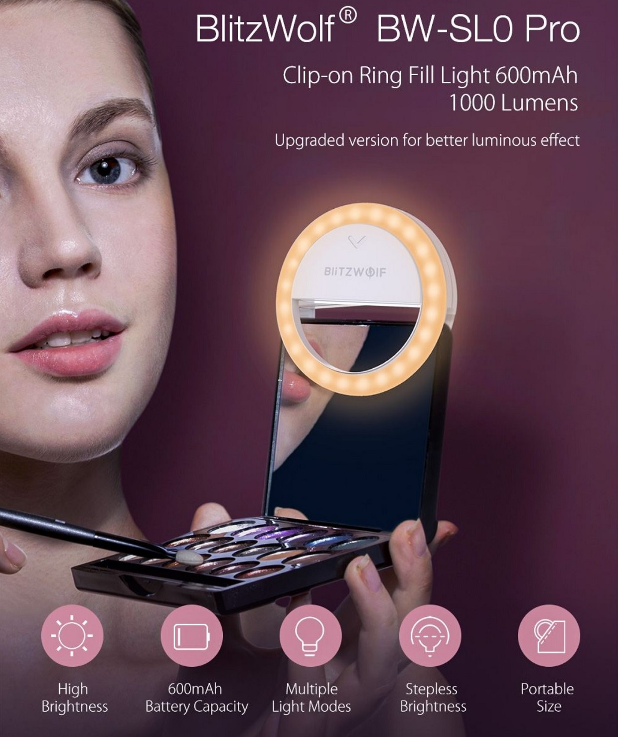 Lampa LED Ring Fill Light BlitzWolf BW-SL0 Pro, 800 lumeni, 3500 - 6500k , 3 niveluri de iluminare, 600 mAh 1 Lerato.ro