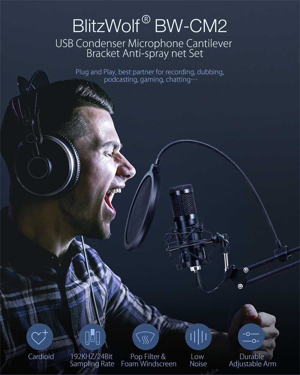 Microfon BlitzWolf BW-CM2 Condenser Cantilever Bracket, USB, Negru 1 Lerato.ro