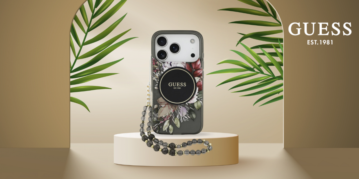 Carcasa Guess IML Flowers Pearl Strap cu  MagSafe compatibila cu iPhone 17 Pro, Negru 1 Lerato.ro