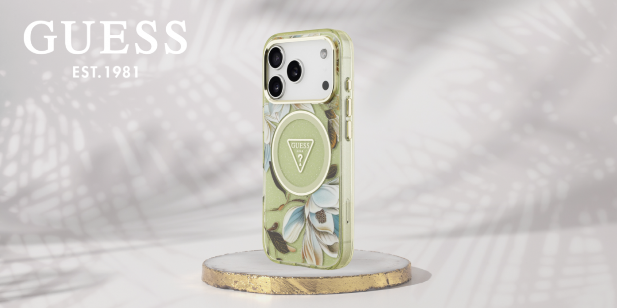 Carcasa Guess IML Glitter Flowers Triangle cu MagSafe compatibila cu iPhone 17 Pro, Verde 1 Lerato.ro