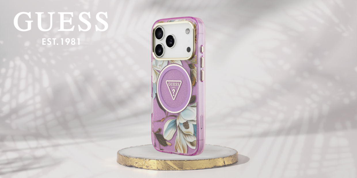 Carcasa Guess IML Glitter Flowers Triangle cu MagSafe compatibila cu iPhone 17 Pro, Mov 1 Lerato.ro