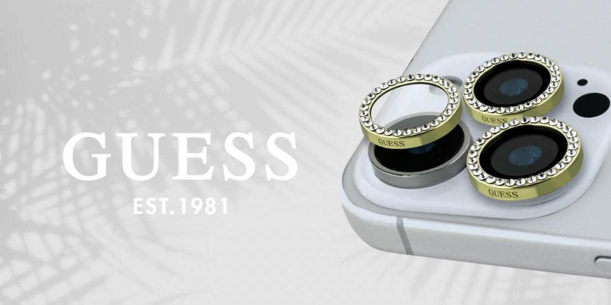 Protectie sticla securizata camera foto Guess Rhinestone Camera Lens Glass compatibila cu iPhone 16 Pro / 16 Pro Max, Gold 1 Lerato.ro