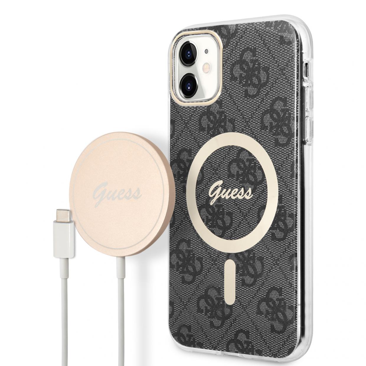 Set Guess 4G Print, Carcasa cu MagSafe si Incarcator Wireless, compatibil cu iPhone 11, Negru 1 Lerato.ro