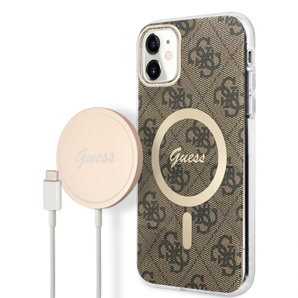 Set Guess 4G Print, Carcasa cu MagSafe si Incarcator Wireless, compatibil cu iPhone 11, Maro 1 Lerato.ro