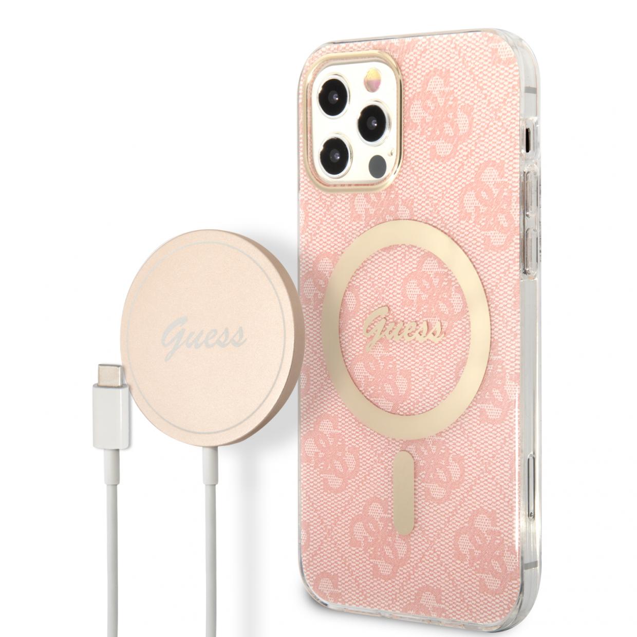 Set Guess 4G Print, Carcasa cu MagSafe si Incarcator Wireless, compatibil cu iPhone 12/12 Pro, Roz 1 Lerato.ro