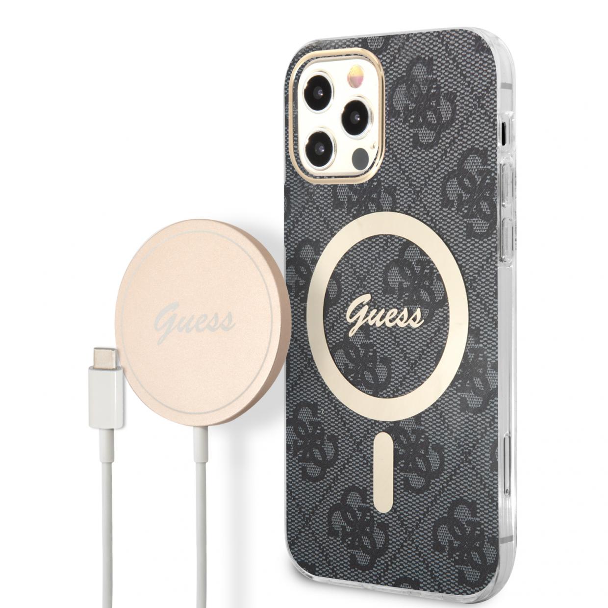 Set Guess 4G Print, Carcasa cu MagSafe si Incarcator Wireless, compatibil cu iPhone 12/12 Pro, Negru 1 Lerato.ro