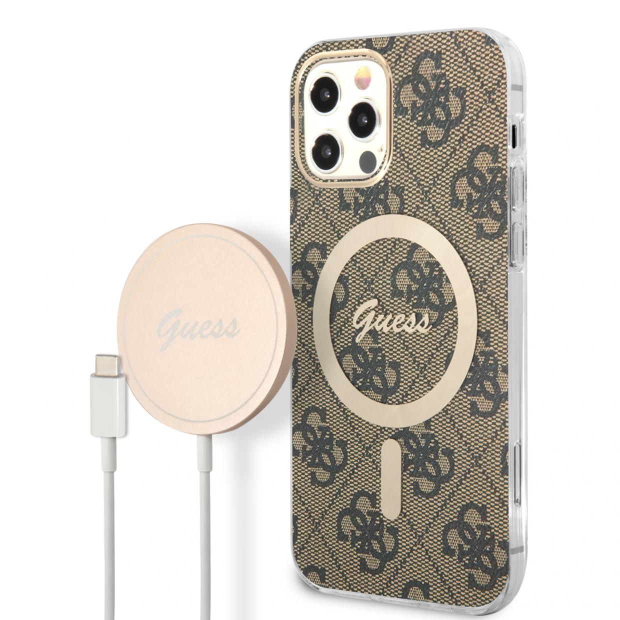 Set Guess 4G Print, Carcasa cu MagSafe si Incarcator Wireless, compatibil cu iPhone 12/12 Pro, Maro 1 Lerato.ro