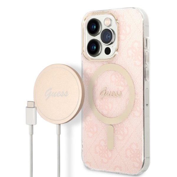 Set Guess 4G Print, Carcasa cu MagSafe si Incarcator Wireless, compatibil cu iPhone 13 Pro, Roz 1 Lerato.ro
