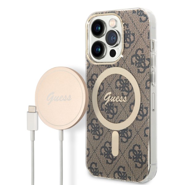 Set Guess 4G Print, Carcasa cu MagSafe si Incarcator Wireless, compatibil cu iPhone 13 Pro, Maro 1 Lerato.ro