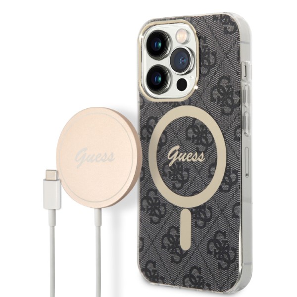 Set Guess 4G Print, Carcasa cu MagSafe si Incarcator Wireless, compatibil cu iPhone 14 Pro, Negru 1 Lerato.ro