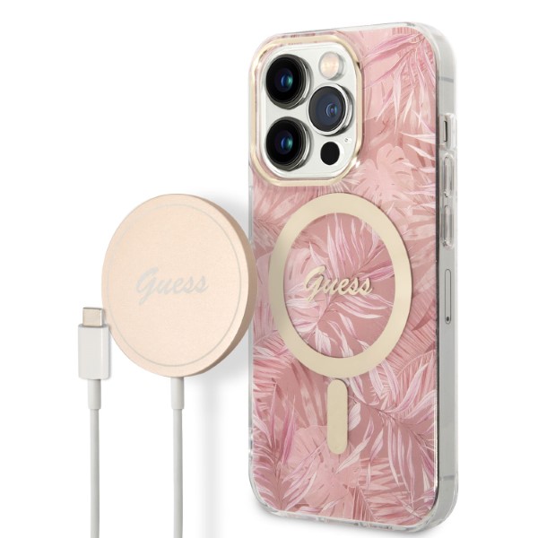Set Guess Jungle, Carcasa cu MagSafe si Incarcator Wireless, compatibil cu iPhone 14 Pro, Roz 1 Lerato.ro