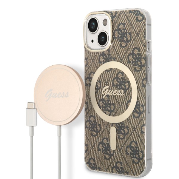 Set Guess 4G Print, Carcasa cu MagSafe si Incarcator Wireless, compatibil cu iPhone 14 Plus / 15 Plus, Maro 1 Lerato.ro