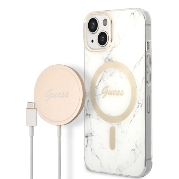 Set Guess Marble, Carcasa cu MagSafe si Incarcator Wireless, compatibil cu iPhone 14 Plus / 15 Plus, Alb 1 Lerato.ro