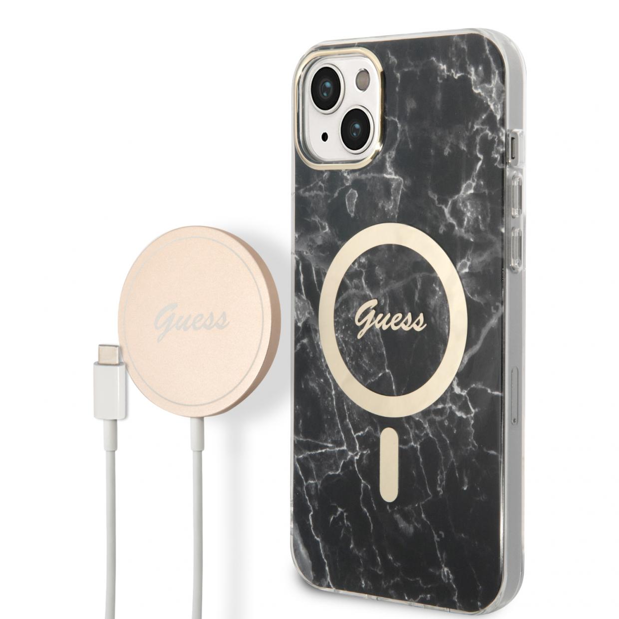 Set Guess Marble, Carcasa cu MagSafe si Incarcator Wireless, compatibil cu iPhone 14 Plus / 15 Plus, Negru 1 Lerato.ro