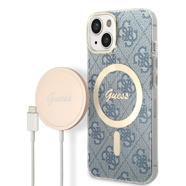 Set Guess 4G Print, Carcasa cu MagSafe si Incarcator Wireless, compatibil cu iPhone 13 / 14 / 15, Albastru 1 Lerato.ro