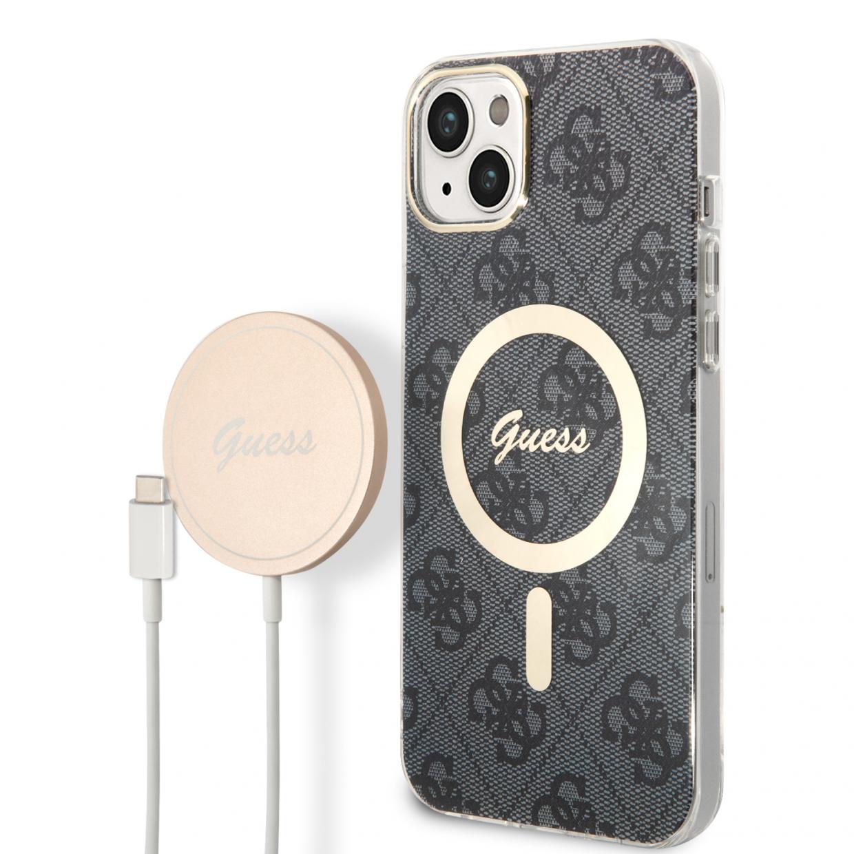Set Guess 4G Print, Carcasa cu MagSafe si Incarcator Wireless, compatibil cu iPhone 13 / 14 / 15, Negru 1 Lerato.ro