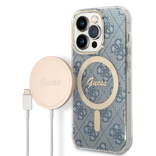 Set Guess 4G Print, Carcasa cu MagSafe si Incarcator Wireless, compatibil cu iPhone 14 Pro Max, Albastru 1 Lerato.ro