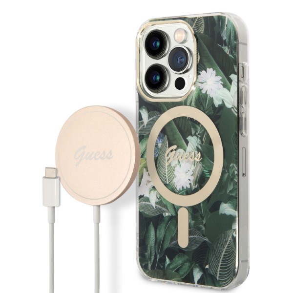 Set Guess Jungle, Carcasa cu MagSafe si Incarcator Wireless, compatibil cu iPhone 14 Pro Max, Verde 1 Lerato.ro