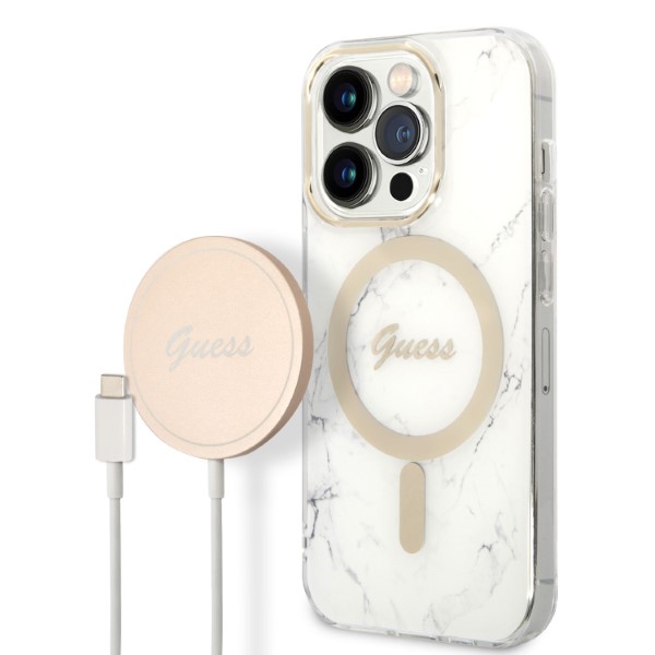 Set Guess Marble, Carcasa cu MagSafe si Incarcator Wireless, compatibil cu iPhone 14 Pro Max, Alb 1 Lerato.ro