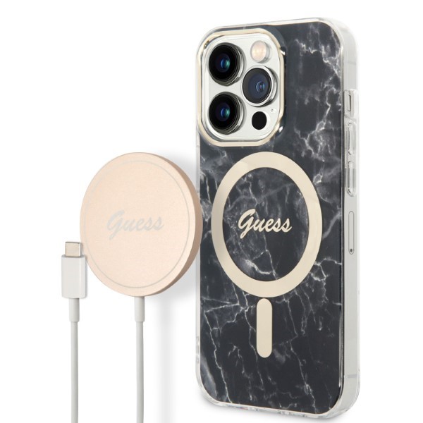 Set Guess Marble, Carcasa cu MagSafe si Incarcator Wireless, compatibil cu iPhone 14 Pro Max, Negru 1 Lerato.ro