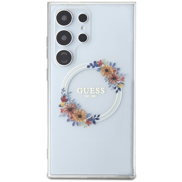 Carcasa Guess IML Flowers Wreath cu MagSafe compatibil cu Samsung Galaxy S24 Ultra, Transparent 1 Lerato.ro