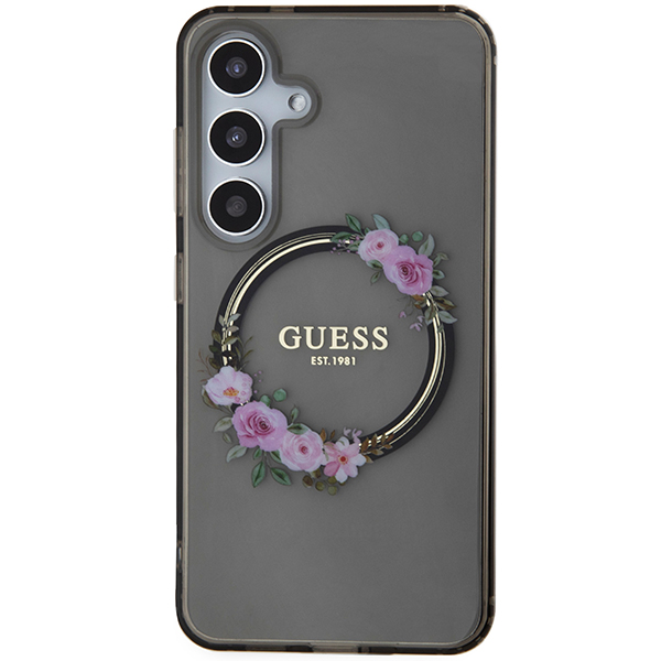 Carcasa Guess IML Flowers Wreath cu MagSafe compatibil cu Samsung Galaxy S24 Plus, Negru 1 Lerato.ro
