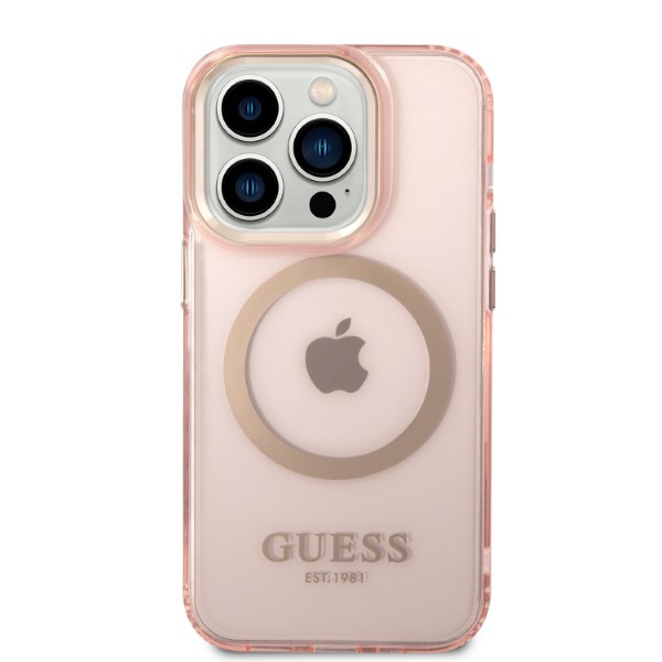 Carcasa Guess Gold Outline Translucent cu MagSafe compatibila cu iPhone 14 Pro Max, Roz 1 Lerato.ro