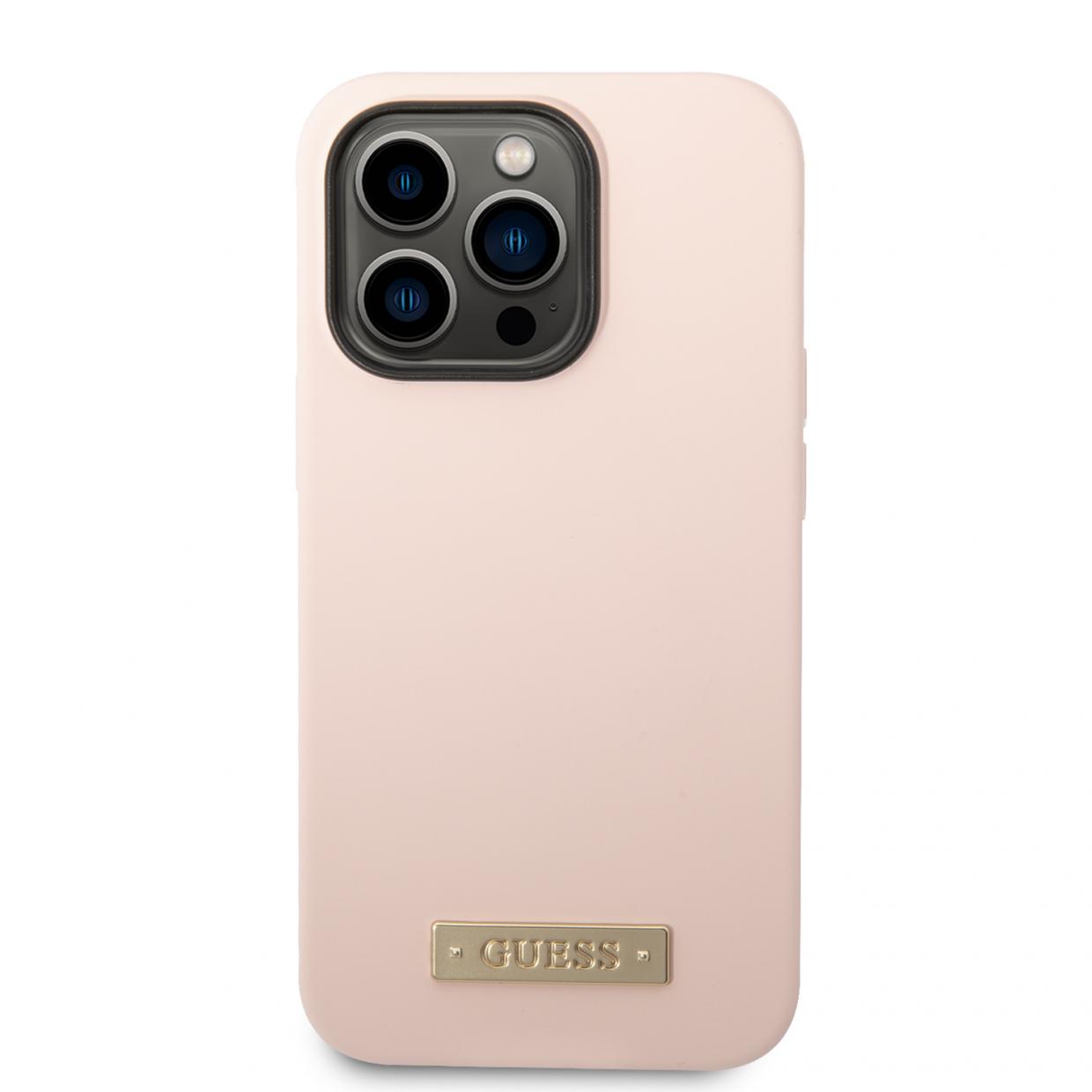 Carcasa Guess Silicone Logo Plate cu MagSafe compatibila cu iPhone 14 Pro Max, Roz 1 Lerato.ro