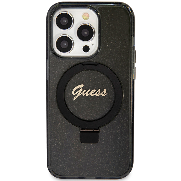 Carcasa Guess Ring Stand Script Glitter cu MagSafe compatibila cu iPhone 15 Pro, Negru 1 Lerato.ro