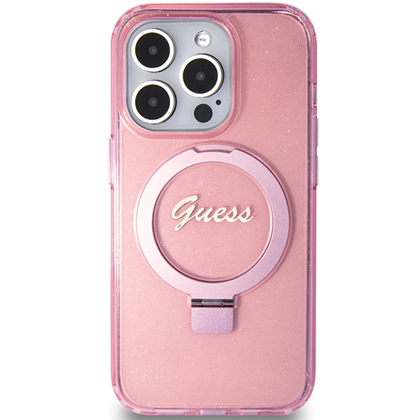 Carcasa Guess Ring Stand Script Glitter cu MagSafe compatibila cu iPhone 15 Pro, Roz 1 Lerato.ro