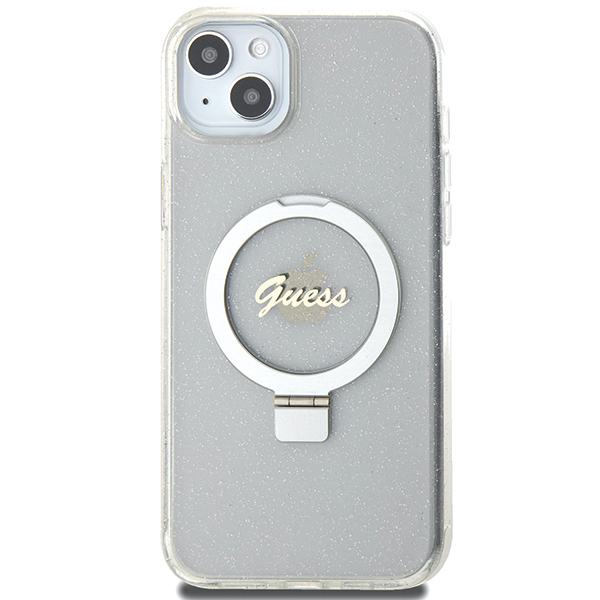 Carcasa Guess Ring Stand Script Glitter cu MagSafe compatibila cu iPhone 15 Plus / 14 Plus, Transparent 1 Lerato.ro