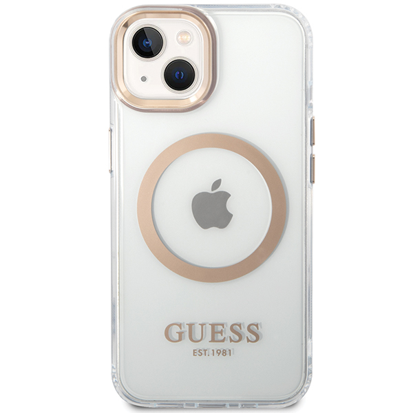 Carcasa Guess Metal Outline Magsafe compatibila cu iPhone 15 Plus / 14 Plus, Gold 1 Lerato.ro