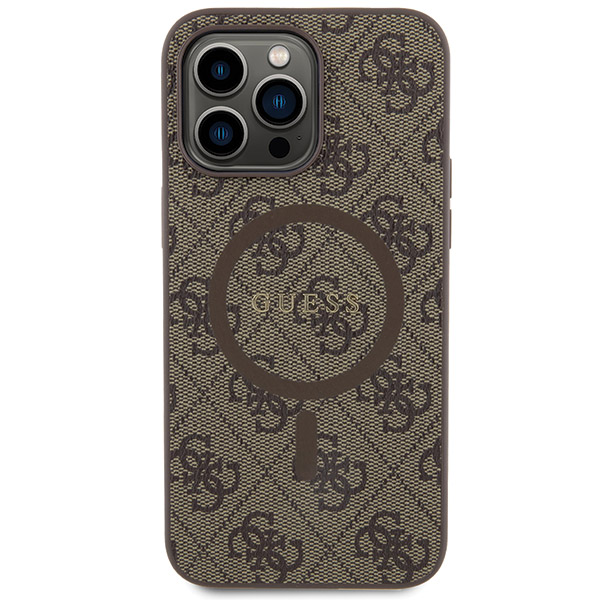 Carcasa Guess 4G Collection Leather Metal Logo cu MagSafe compatibila cu iPhone 15 Pro Max, Maro 1 Lerato.ro