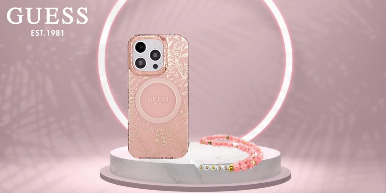 Carcasa Guess IML Flowers Allover Electro Pearl Strap cu MagSafe compatibila cu iPhone 16 Pro, Roz 1 Lerato.ro