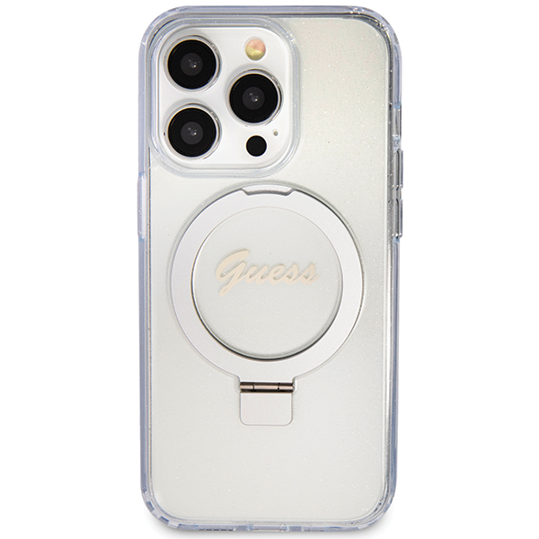 Carcasa Guess Ring Stand Script Glitter cu MagSafe compatibila cu iPhone 15 Pro, Transparent 1 Lerato.ro