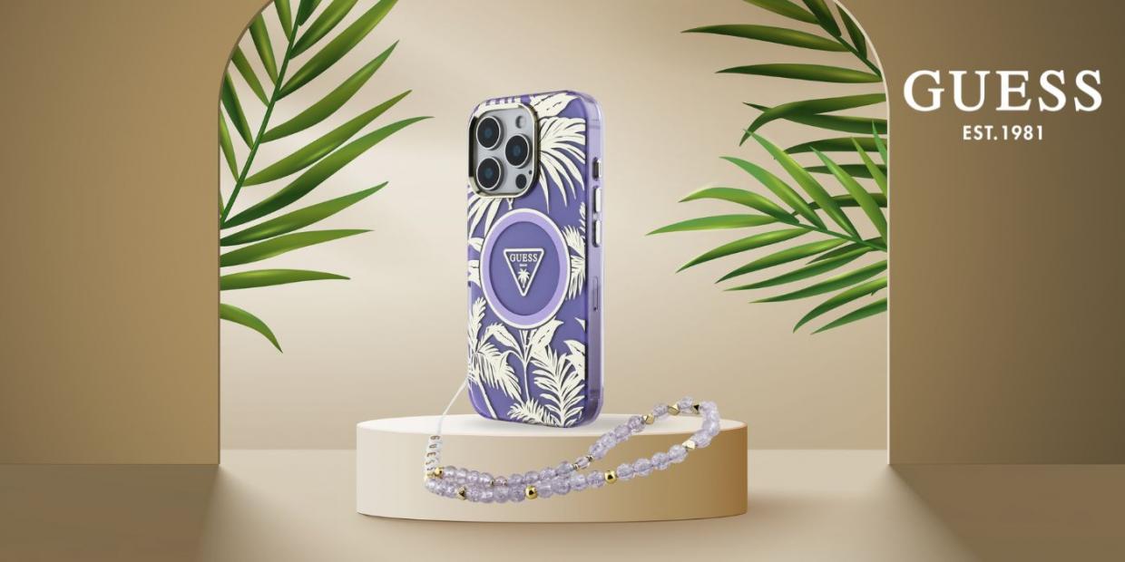 Carcasa Guess Palm Trees Triangle Pearl Strap cu MagSafe compatibila cu iPhone 16 Pro, Mov 1 Lerato.ro