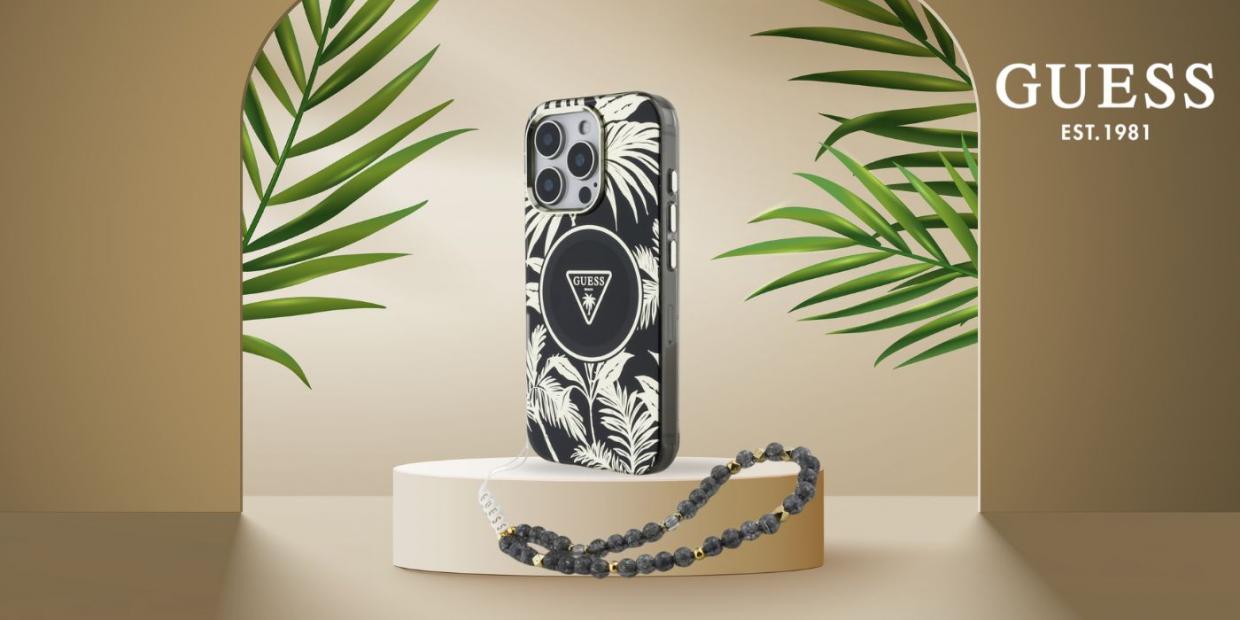 Carcasa Guess Palm Trees Triangle Pearl Strap cu MagSafe compatibila cu iPhone 16 Pro Max, Negru 1 Lerato.ro
