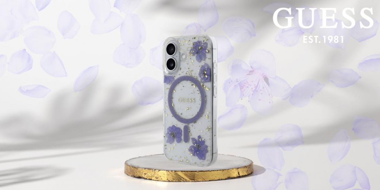 Carcasa Guess Resin Flowers Glitter cu MagSafe compatibila cu iPhone 16, Mov 1 Lerato.ro