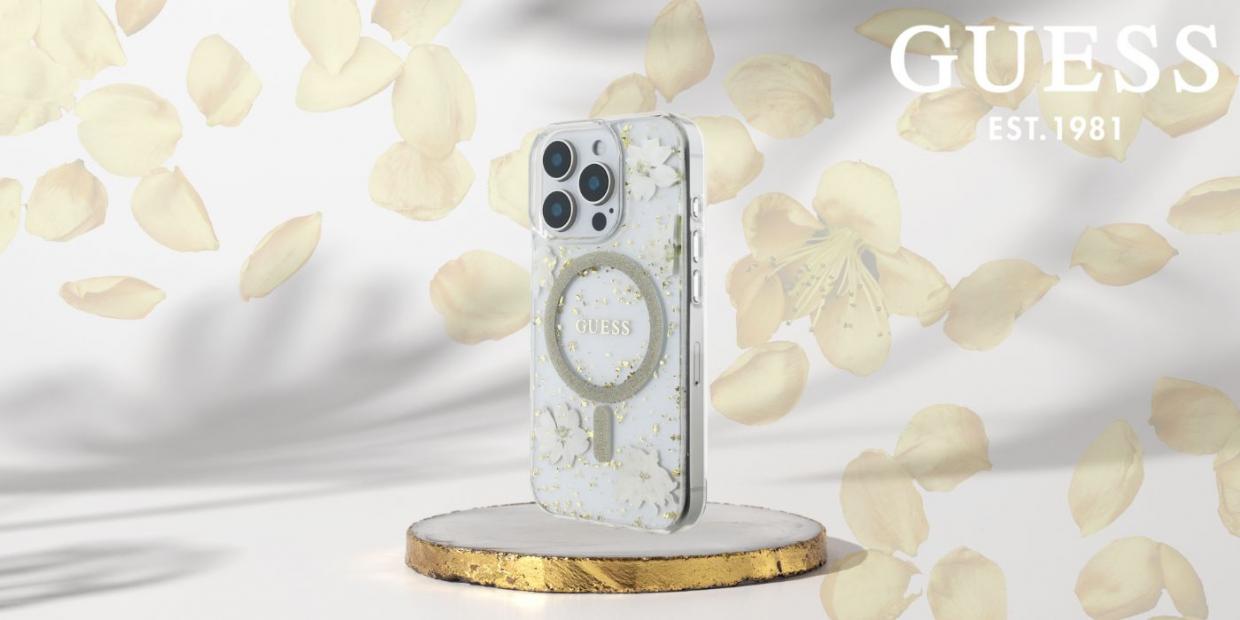 Carcasa Guess Resin Flowers Glitter cu MagSafe compatibila cu iPhone 16 Pro Max, Bej 1 Lerato.ro
