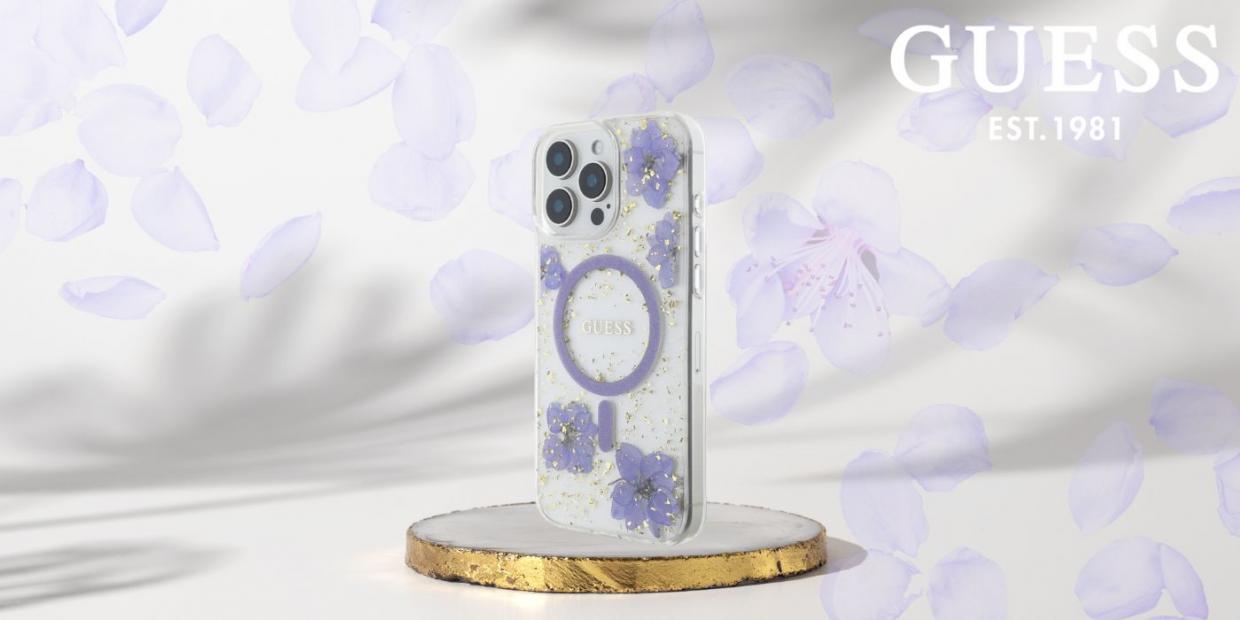 Carcasa Guess Resin Flowers Glitter cu MagSafe compatibila cu iPhone 16 Pro, Mov 1 Lerato.ro