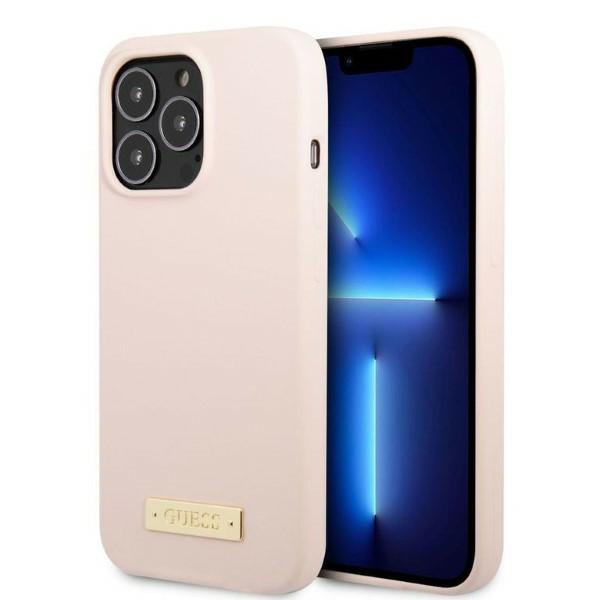 Carcasa Guess Silicone Logo Plate cu MagSafe compatibila cu iPhone 13 Pro / 13, Roz 1 Lerato.ro