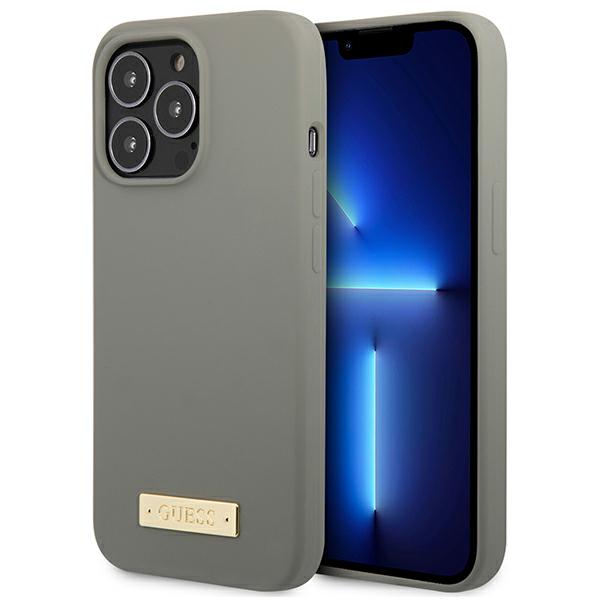 Carcasa Guess Silicone Logo Plate cu MagSafe compatibila cu iPhone 13 Pro Max, Gri 1 Lerato.ro