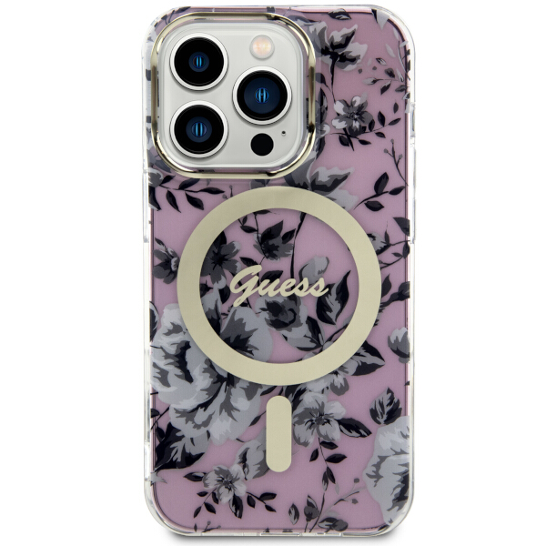 Carcasa Guess Flower cu MagSafe compatibila cu iPhone 14 Pro, Roz 1 Lerato.ro