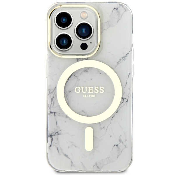 Carcasa Guess Golden Marble cu MagSafe compatibila cu iPhone 14 Pro, Alb 1 Lerato.ro