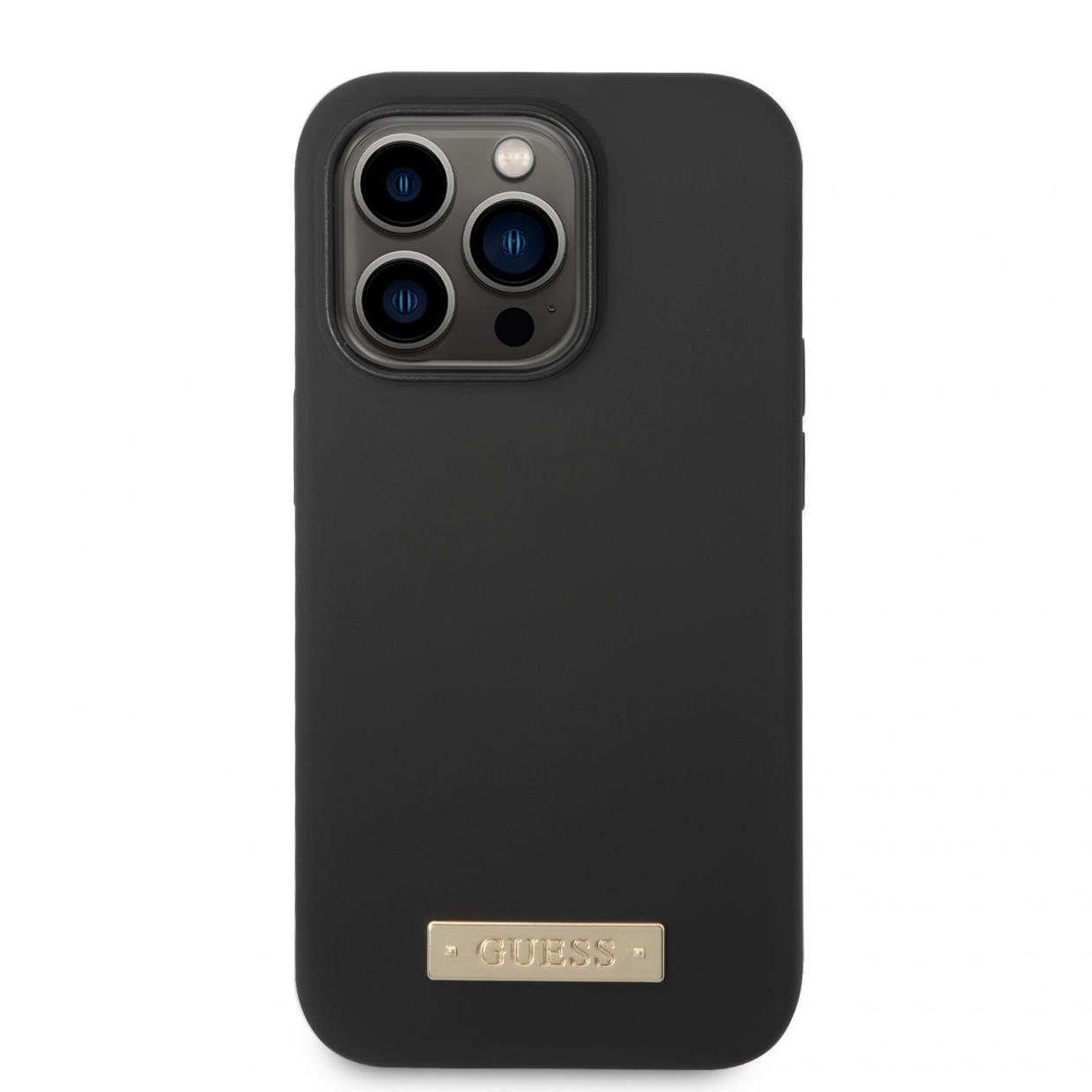 Carcasa Guess Silicone Logo Plate cu MagSafe compatibila cu iPhone 14 Pro, Negru 1 Lerato.ro